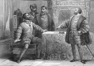 1526年1月14日、マドリッド条約に調印したスペインのカルロス5世（1500-58）とフランスのフランソワ1世（1494-1547） 作： Spanish School